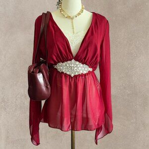 Red Chiffon With Beaded Waist V-Neck Flowy Blouse